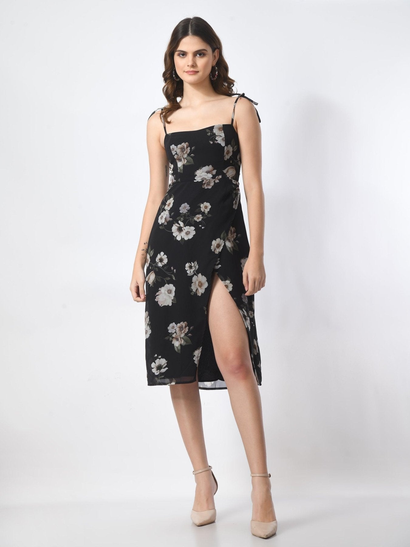 Womens Black Floral A Line Knee Length Party Dress SMERA MART