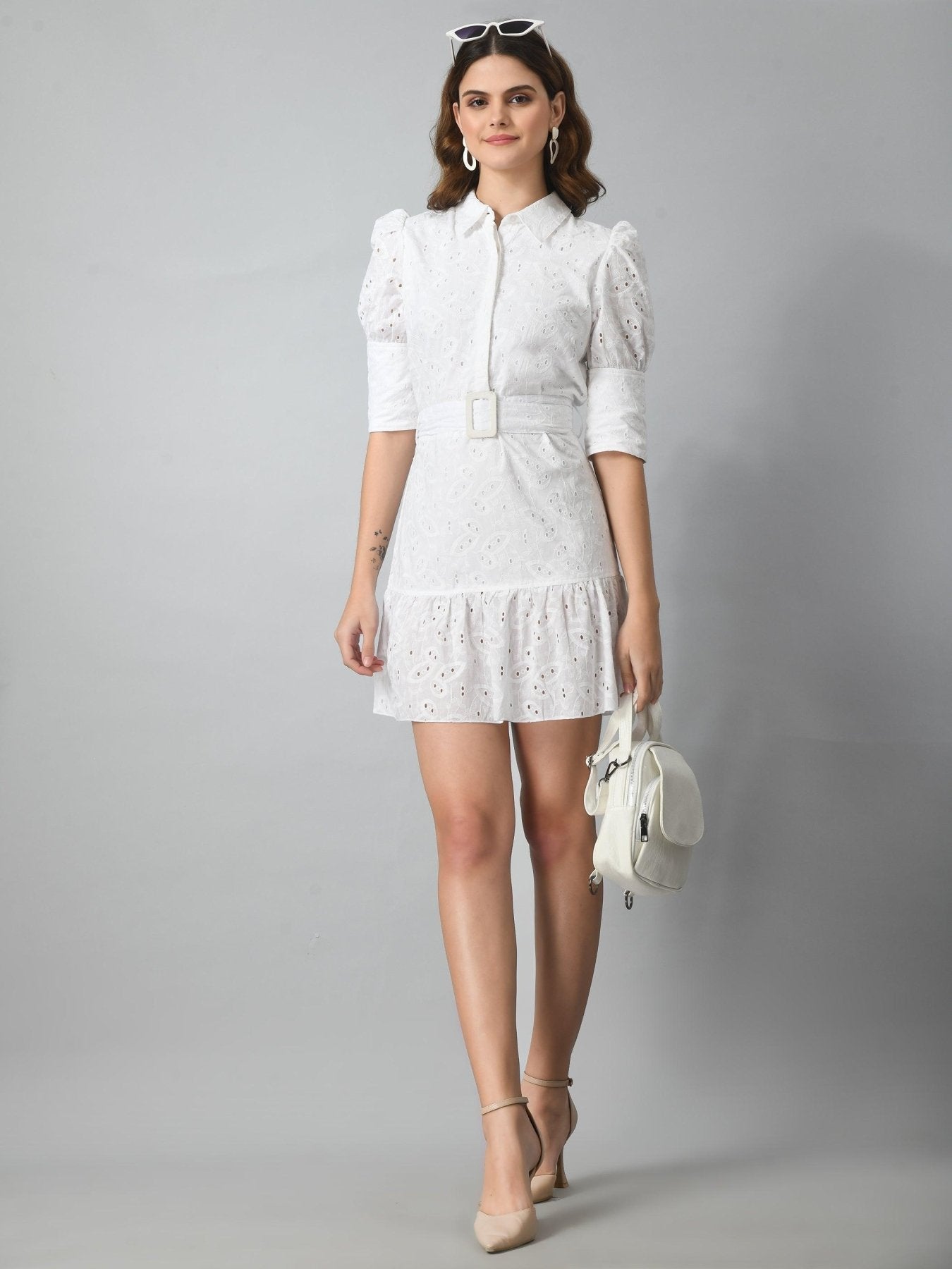 100% Cotton Classic Western Midi Shirt Dress for Women - White - SMERA MART