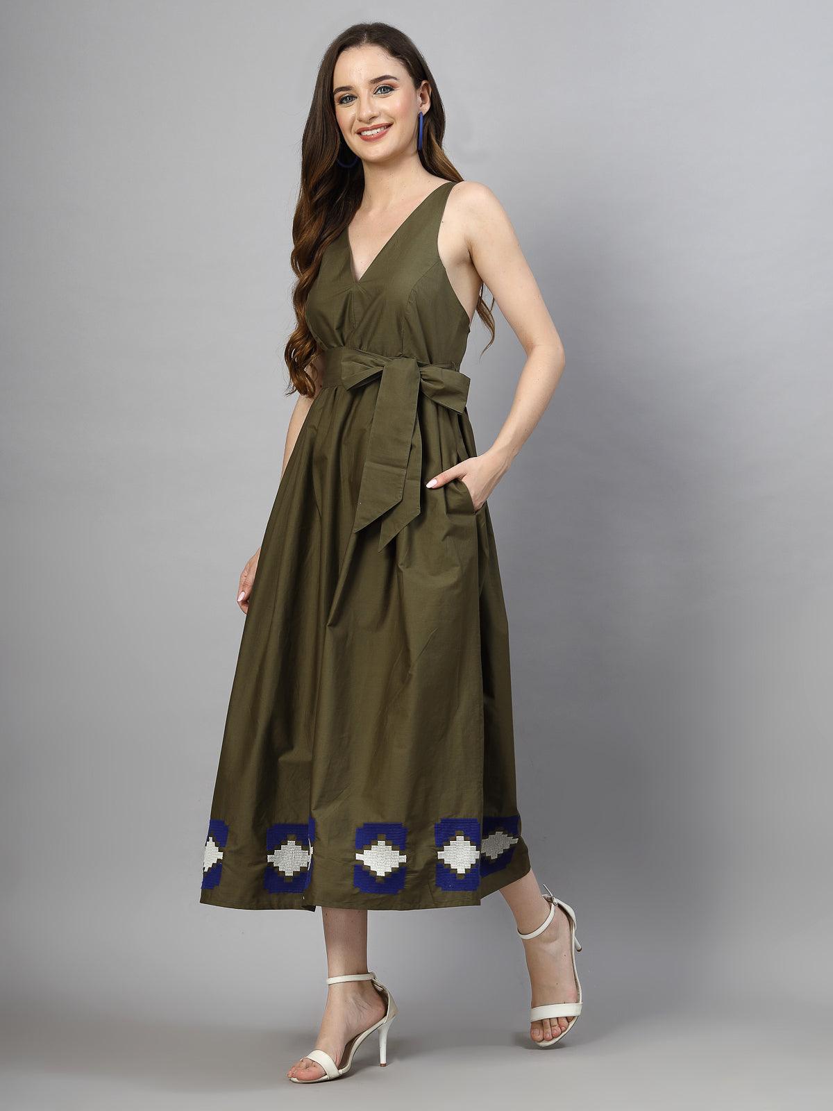 100% Poplin Cotton Summer Fit & Flare Midi Dress for Women - Olive - SMERA MART