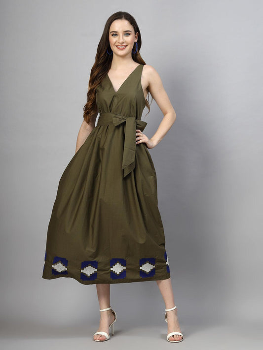 100% Poplin Cotton Summer Fit & Flare Midi Dress for Women - Olive - SMERA MART