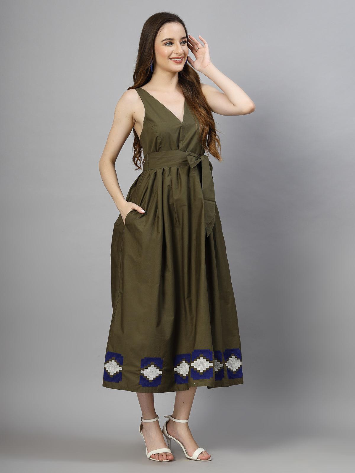 100% Poplin Cotton Summer Fit & Flare Midi Dress for Women - Olive - SMERA MART