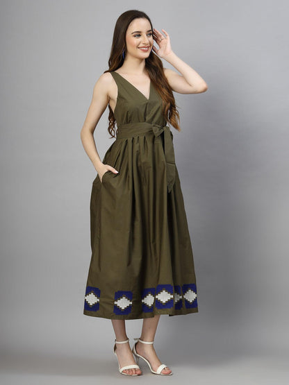 100% Poplin Cotton Summer Fit & Flare Midi Dress for Women - Olive - SMERA MART