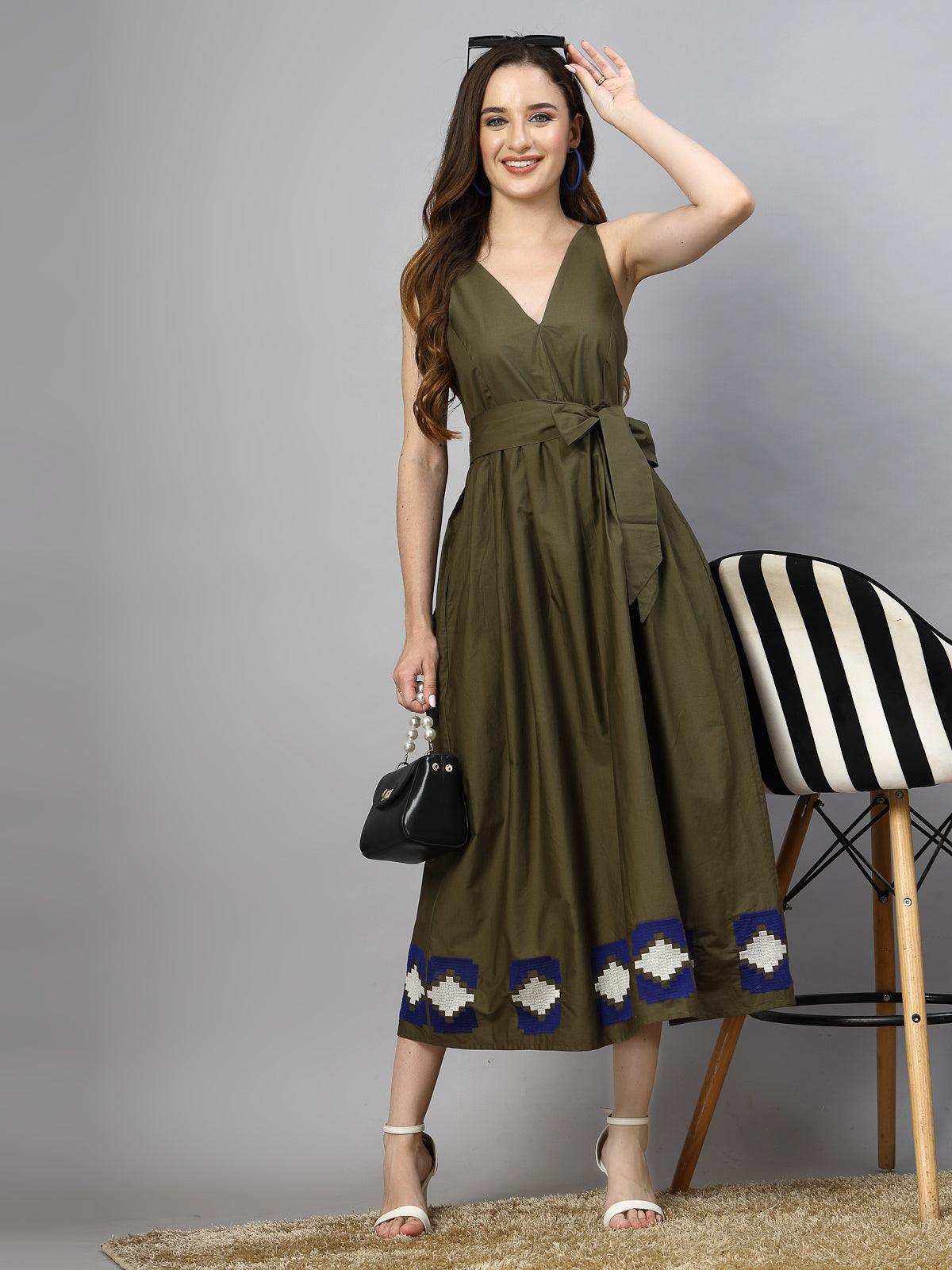 100 Poplin Cotton Summer Fit Flare Midi Dress for Women Olive SMERA MART