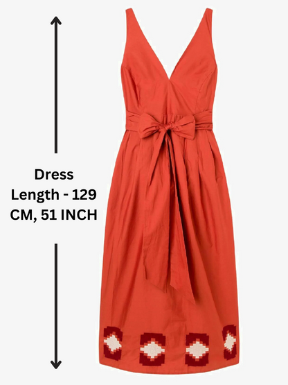 SMERA MART 100% Poplin Cotton Summer Fit & Flare Midi Dress for Women - Rust