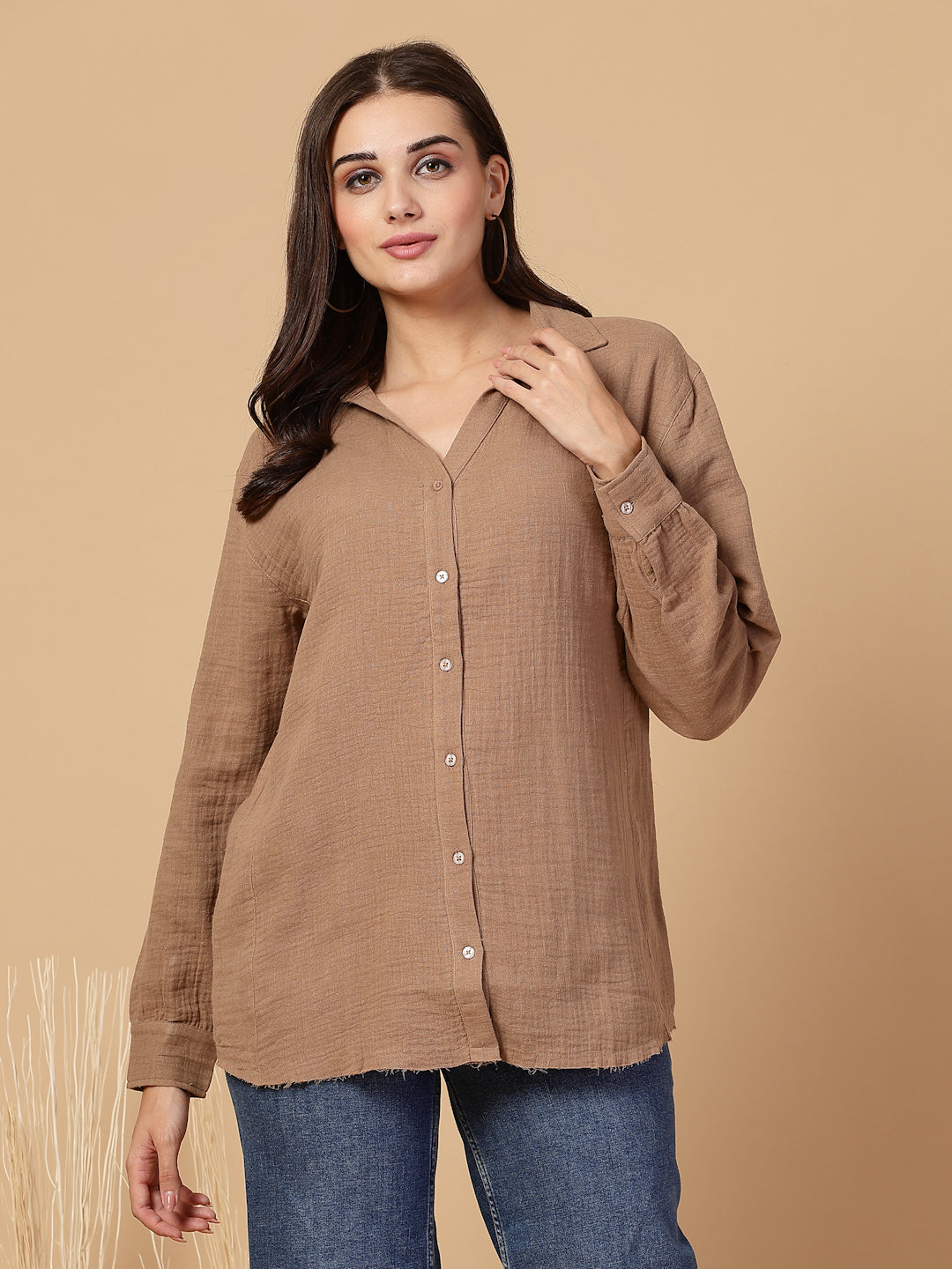 SMERA MART Women's Double Cloth Cotton Oversized Solid Casual Shirt for Women - Brown