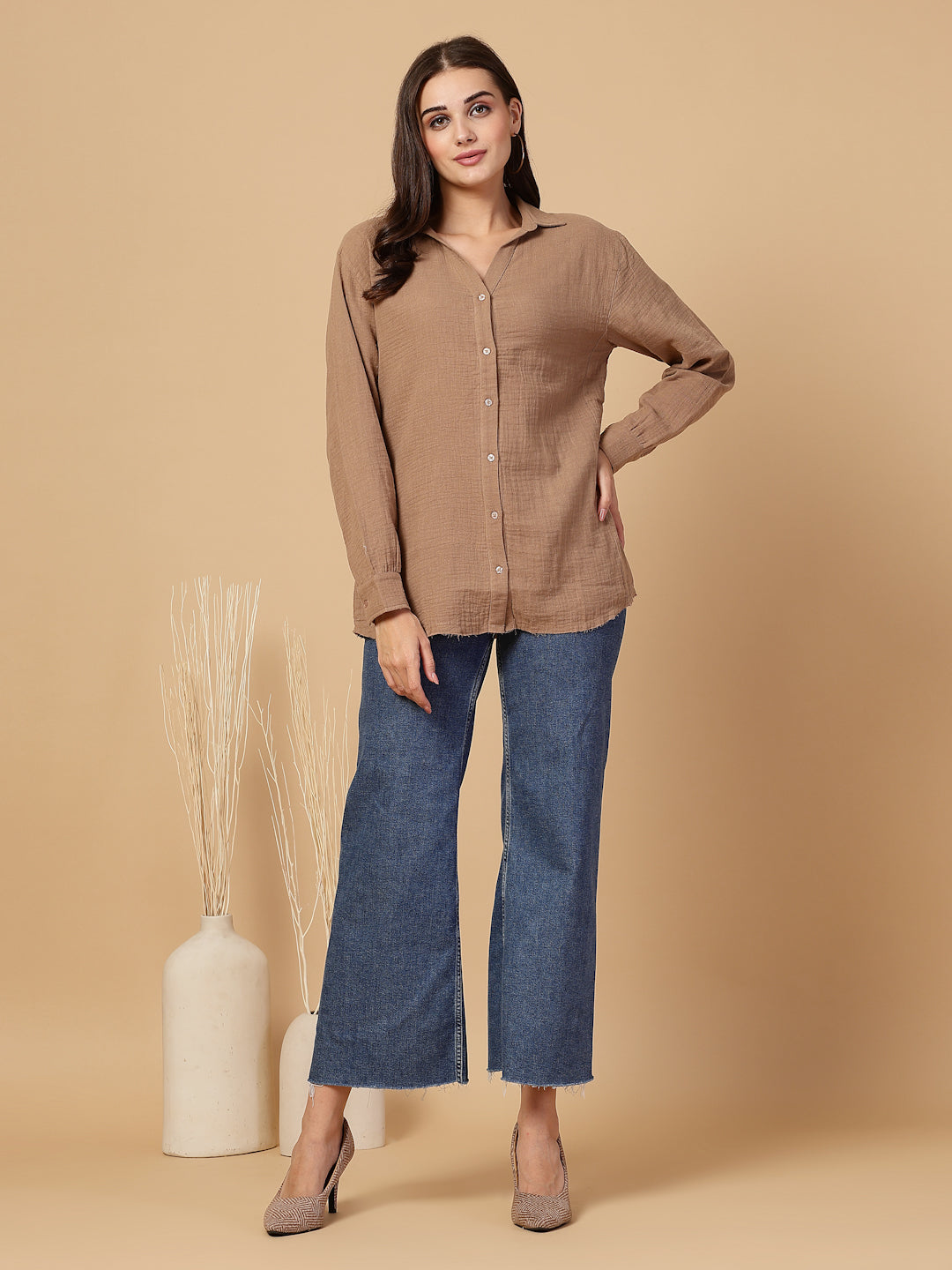 SMERA MART Women's Double Cloth Cotton Oversized Solid Casual Shirt for Women - Brown