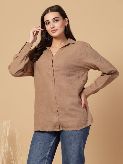 SMERA MART Women's Double Cloth Cotton Oversized Solid Casual Shirt for Women - Brown