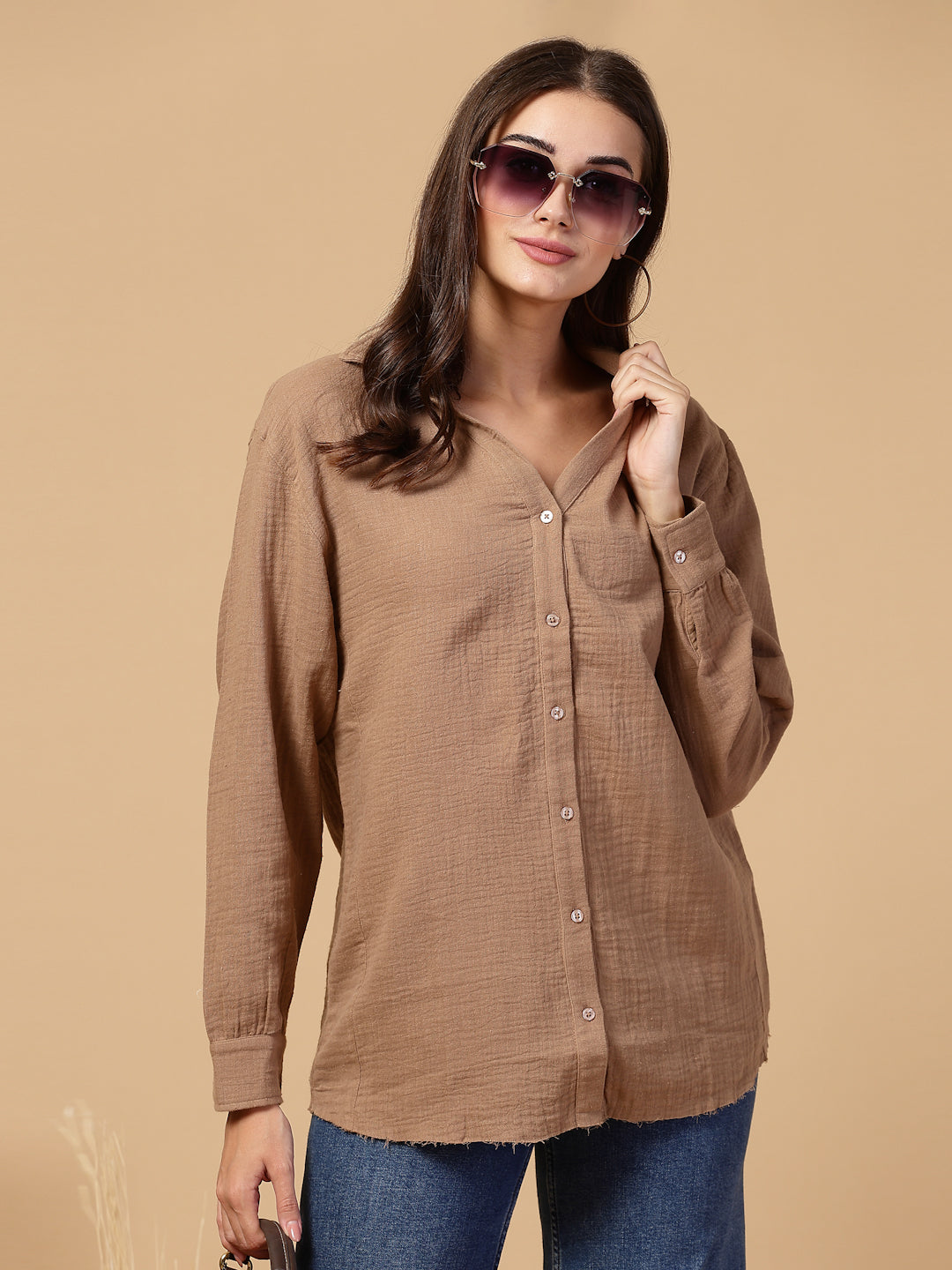 SMERA MART Women's Double Cloth Cotton Oversized Solid Casual Shirt for Women - Brown