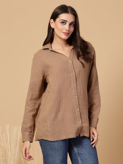 SMERA MART Women's Double Cloth Cotton Oversized Solid Casual Shirt for Women - Brown