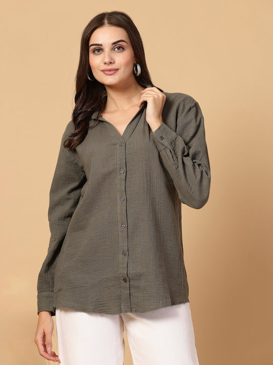 SMERA MART Women's Double Cloth Cotton Oversized Solid Casual Shirt for Women - Olive