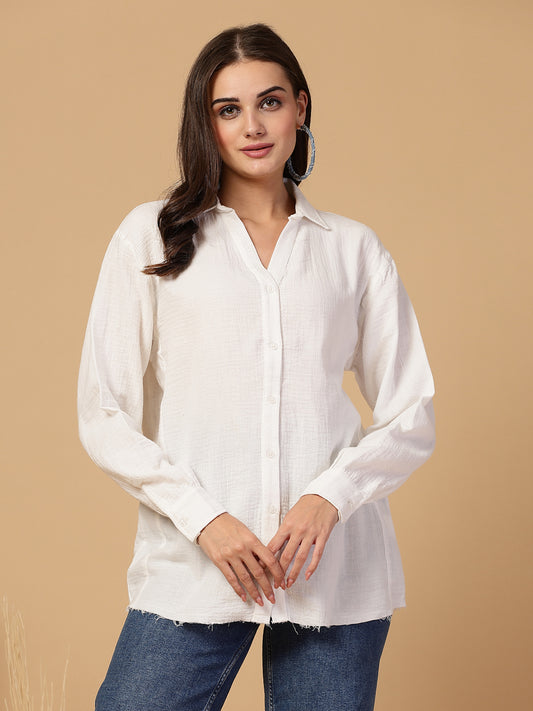 SMERA MART Women's Double Cloth Cotton Oversized Solid Casual Shirt for Women - White