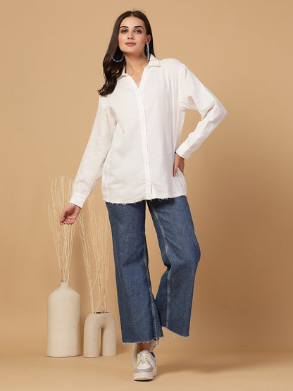 SMERA MART Women's Double Cloth Cotton Oversized Solid Casual Shirt for Women - White