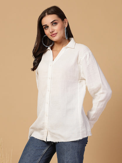 SMERA MART Women's Double Cloth Cotton Oversized Solid Casual Shirt for Women - White