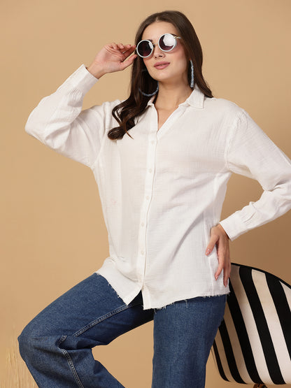 SMERA MART Women's Double Cloth Cotton Oversized Solid Casual Shirt for Women - White