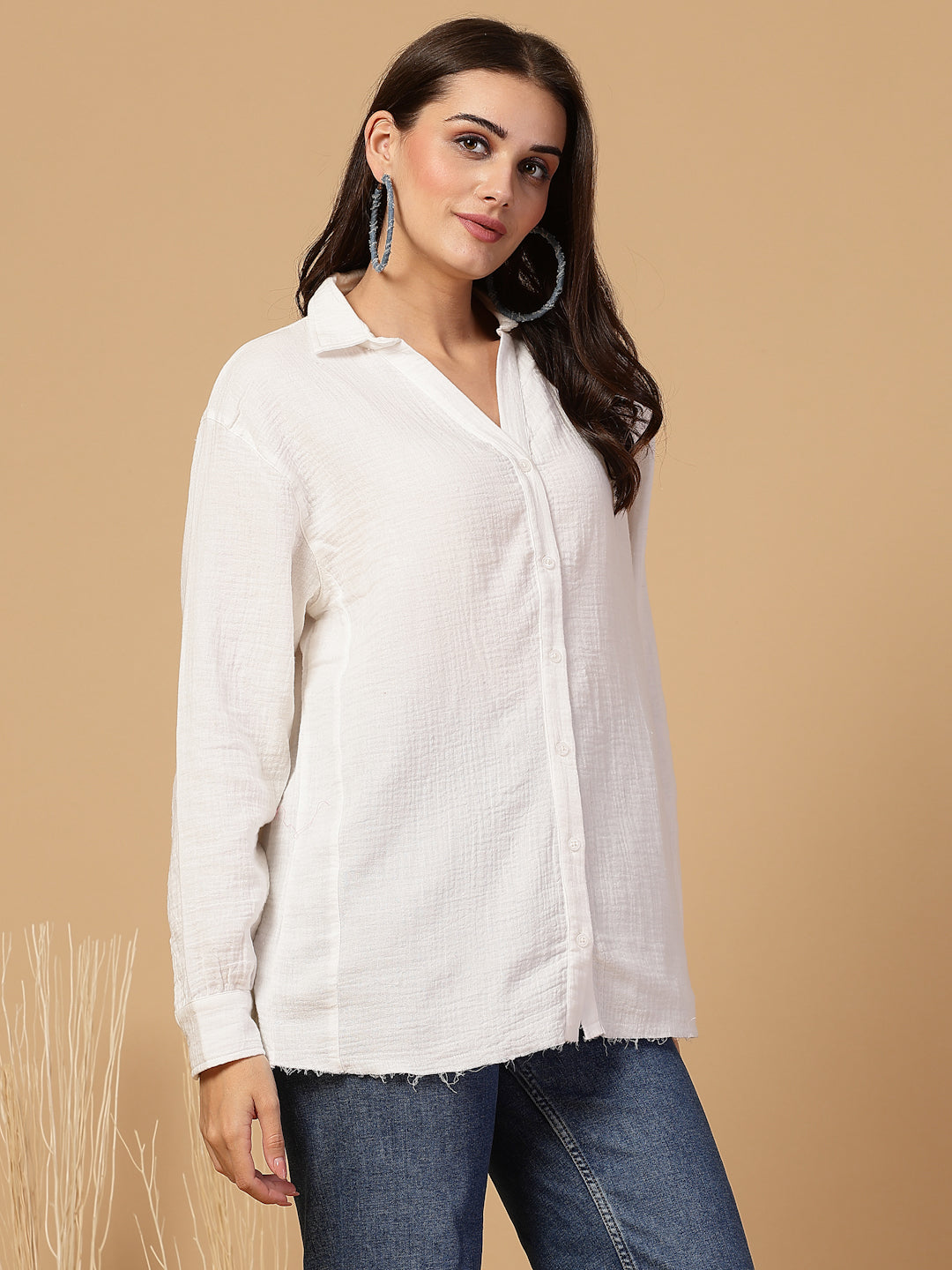 SMERA MART Women's Double Cloth Cotton Oversized Solid Casual Shirt for Women - White