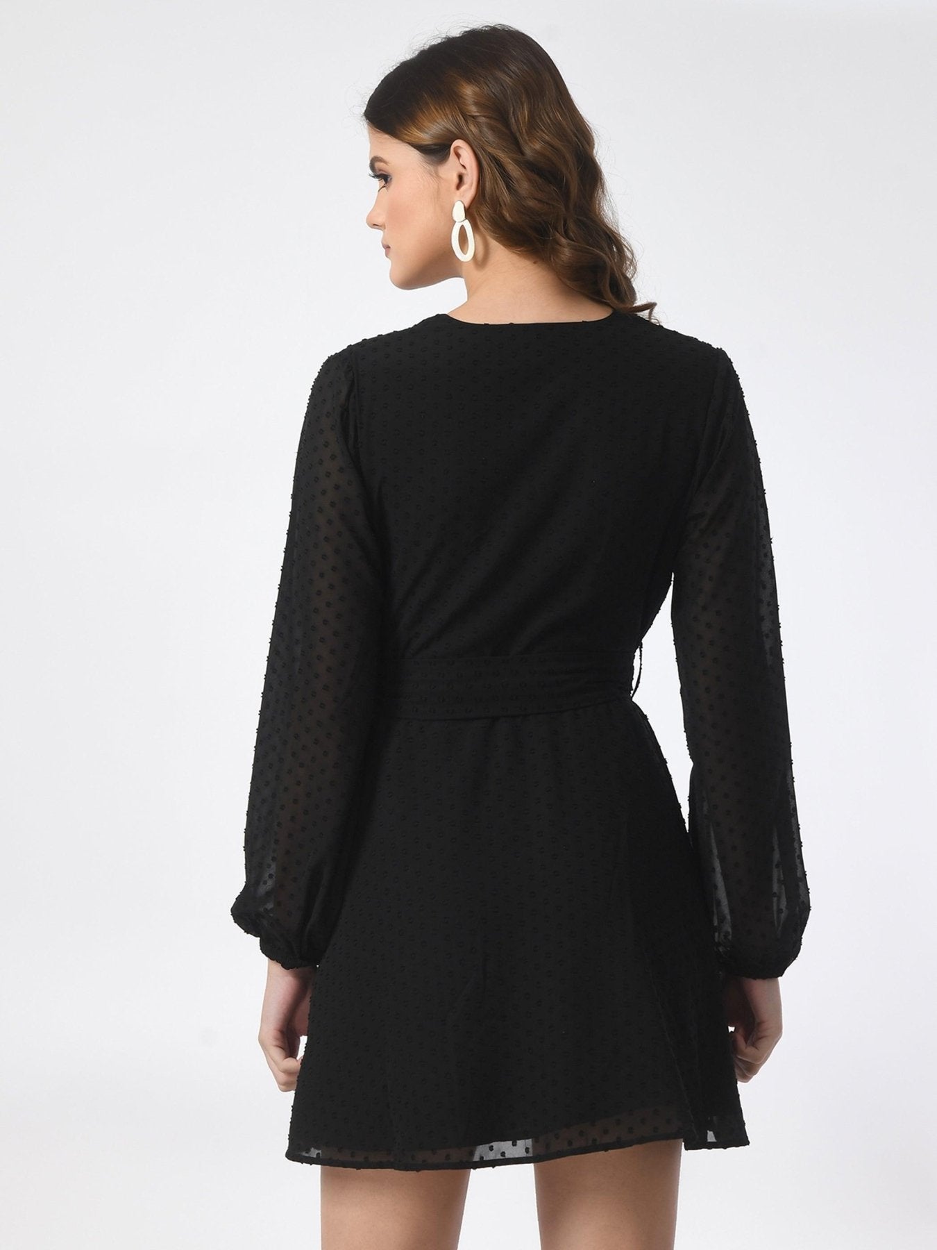 Black V Neck Swiss Dot Wrap Mini Dress - SMERA MART