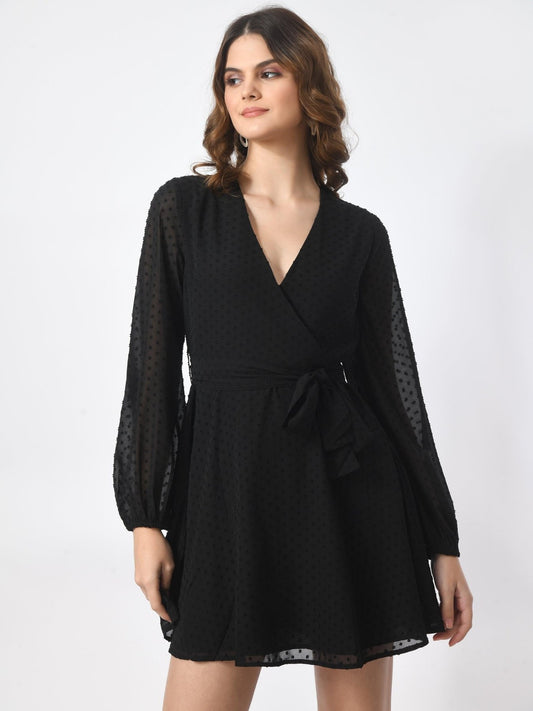 Black V Neck Swiss Dot Wrap Mini Dress - SMERA MART