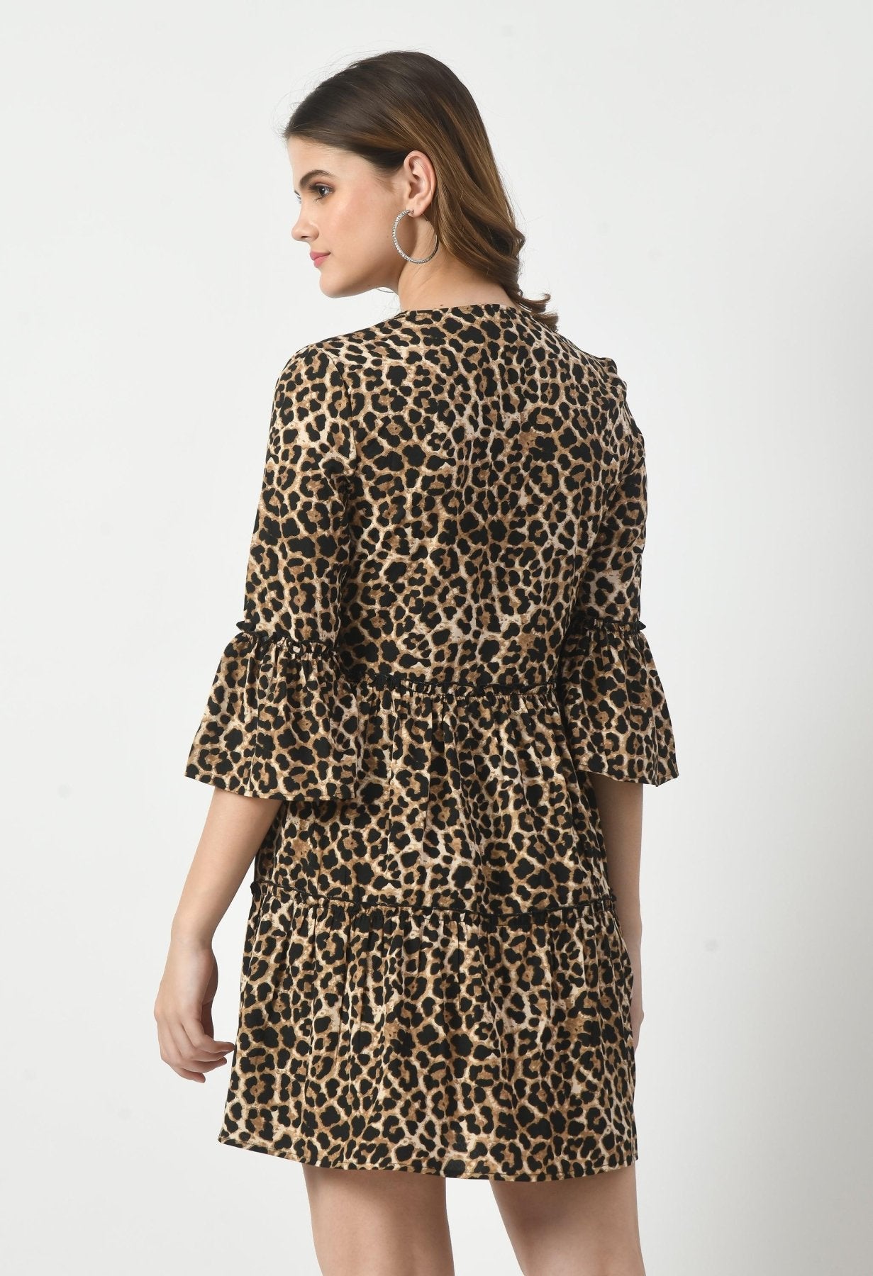 Leopard Print V Neck Knee Length Dresses for Women - SMERA MART