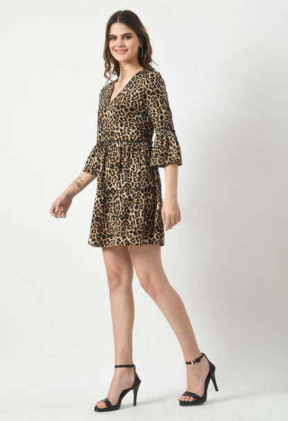 Leopard Print V Neck Knee Length Dresses for Women - SMERA MART