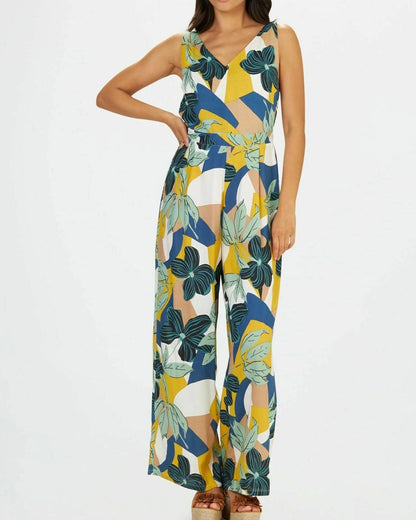 Viscose Leaf Printed Sleeveless Jumpsuit for Women - SMERA MART