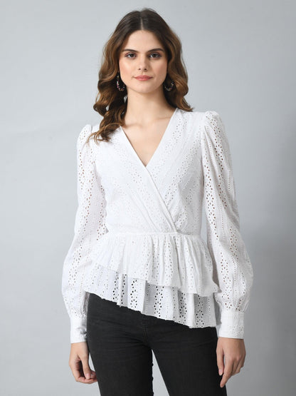 Women 100% Cotton Schiffli Crochet Wrap Top - SMERA MART