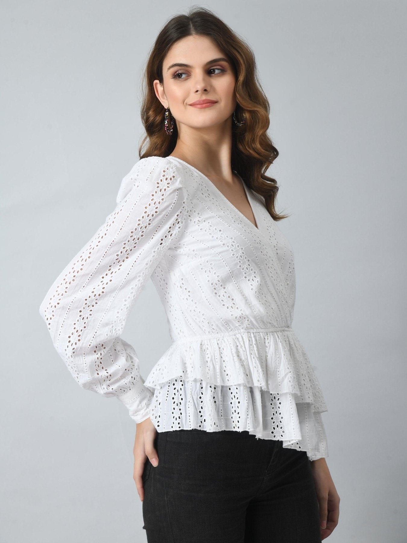 Women 100% Cotton Schiffli Crochet Wrap Top - SMERA MART