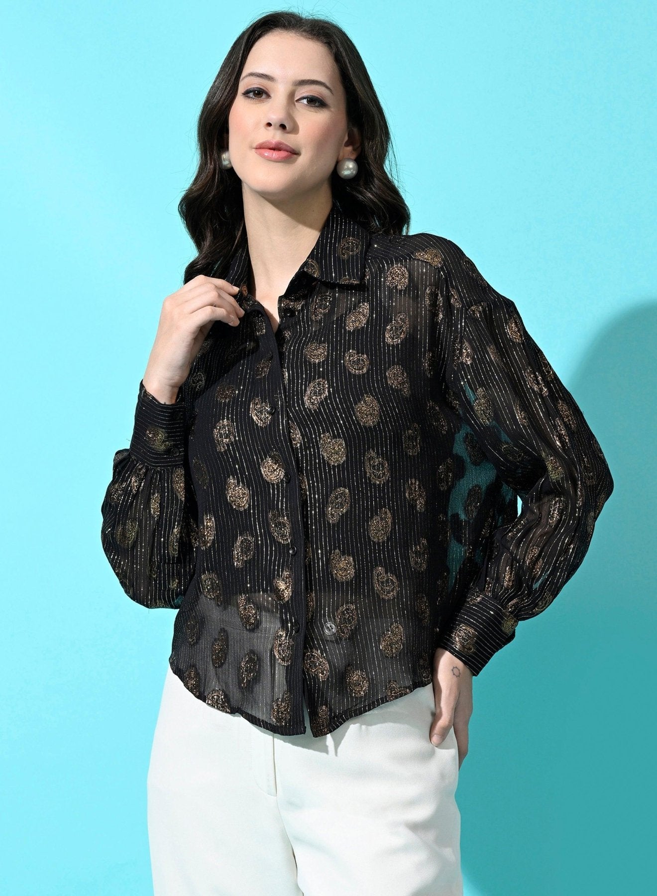 Women Black Zari Work Georgette Oversized Shirts - SMERA MART