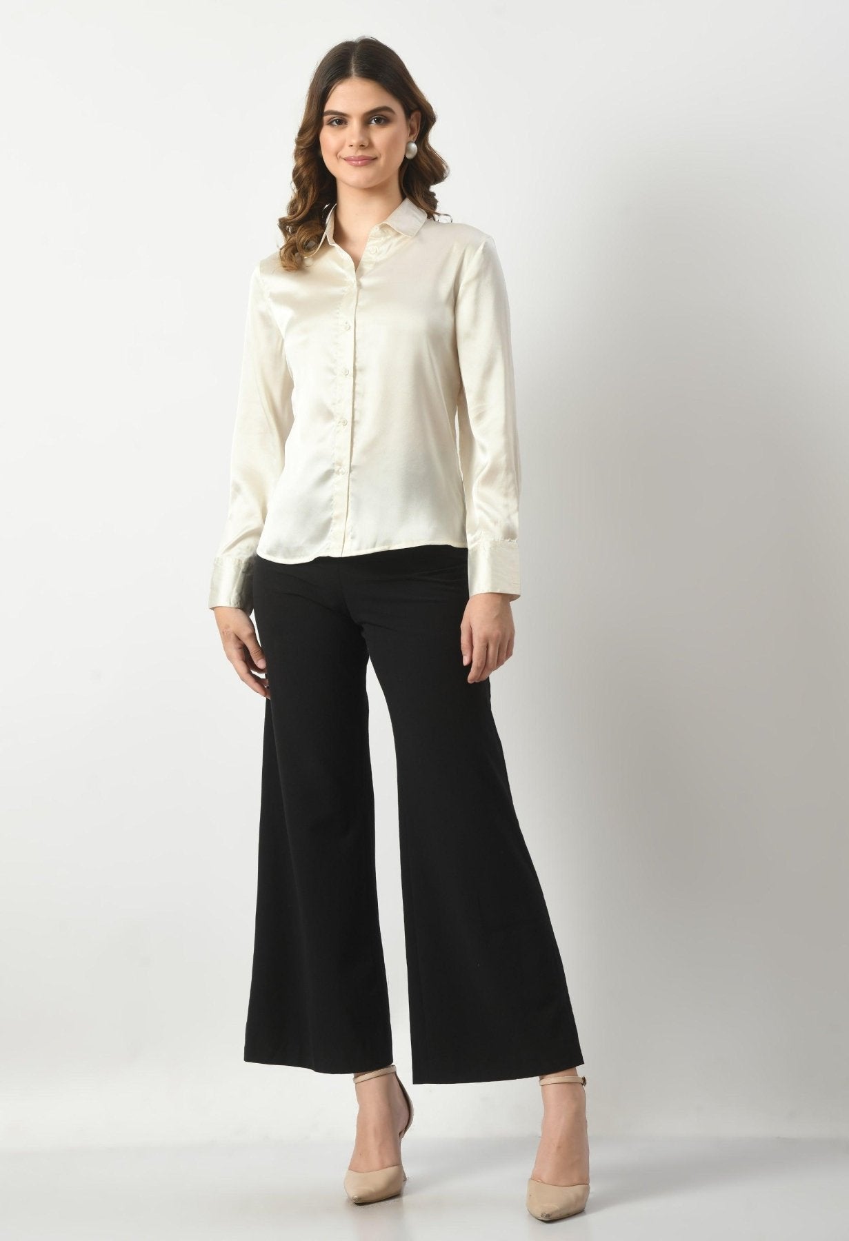 Women Solid Regular Fit Formal Office Wear Satin Shirt - Off White - SMERA MART