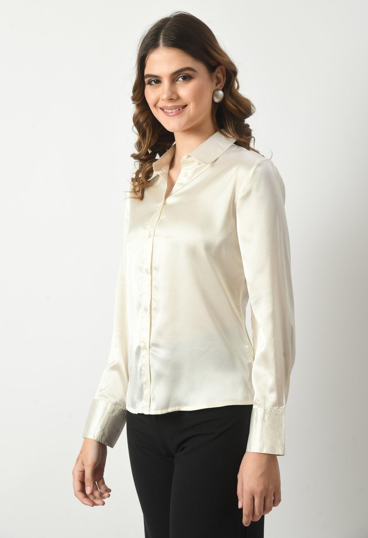 Women Solid Regular Fit Formal Office Wear Satin Shirt - Off White - SMERA MART