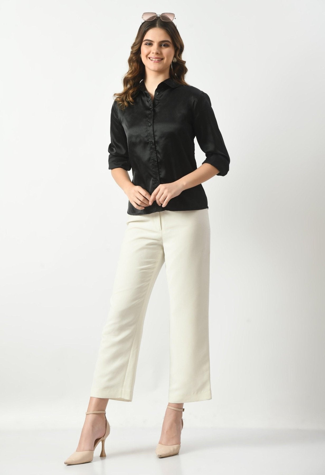 Women Solid Regular Fit Formal Satin Shirt - Black - SMERA MART