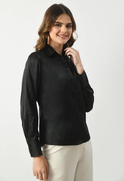 Women Solid Regular Fit Formal Satin Shirt - Black - SMERA MART