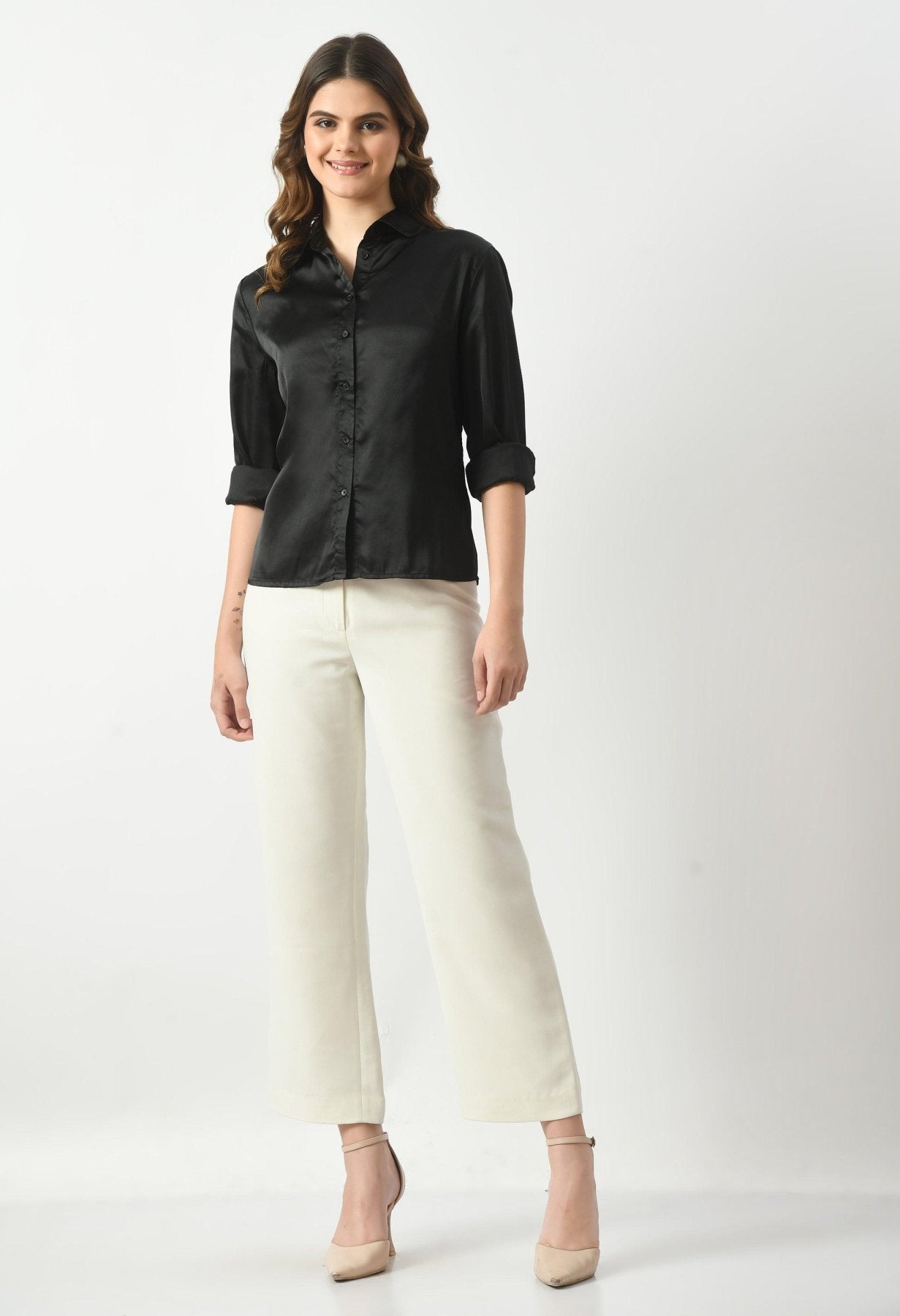 Women Solid Regular Fit Formal Satin Shirt - Black - SMERA MART