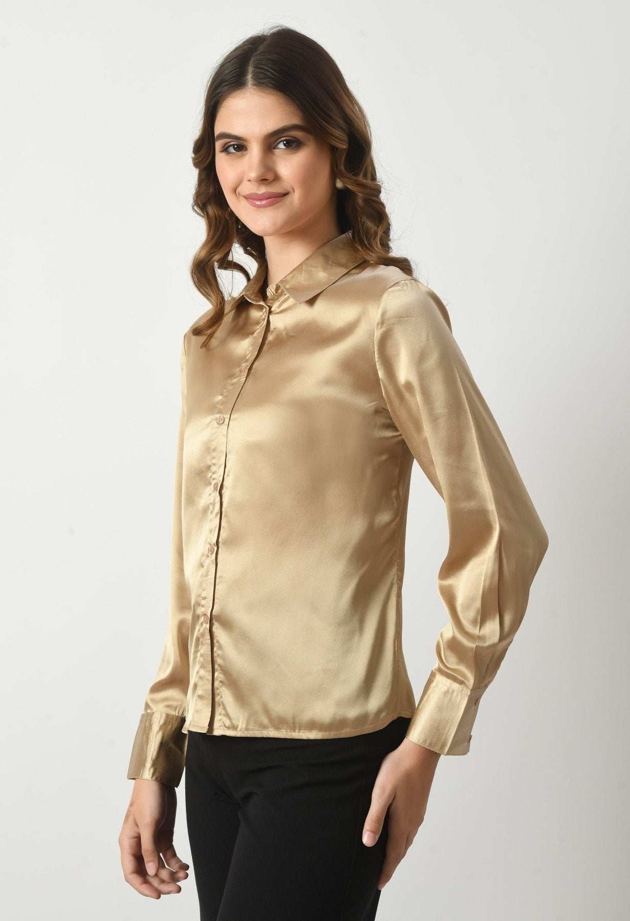 Women Solid Regular Fit Formal Satin Shirt - Golden - SMERA MART