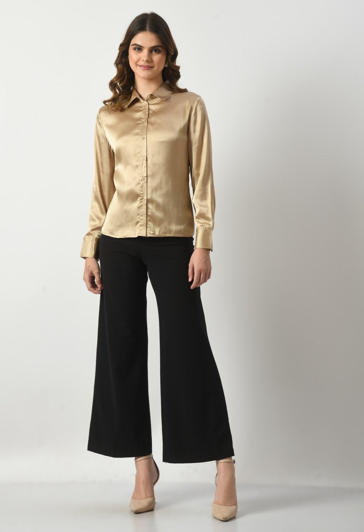 Women Solid Regular Fit Formal Satin Shirt - Golden - SMERA MART