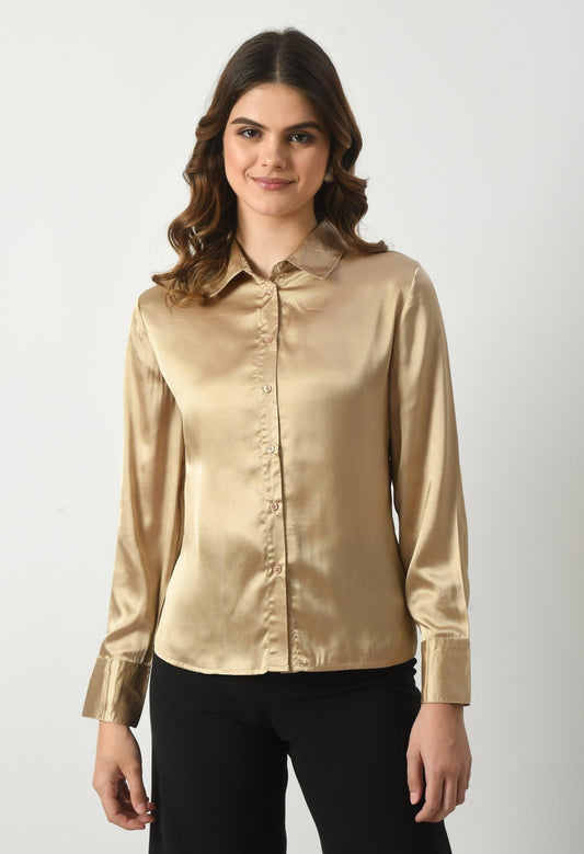 Women Solid Regular Fit Formal Satin Shirt - Golden - SMERA MART