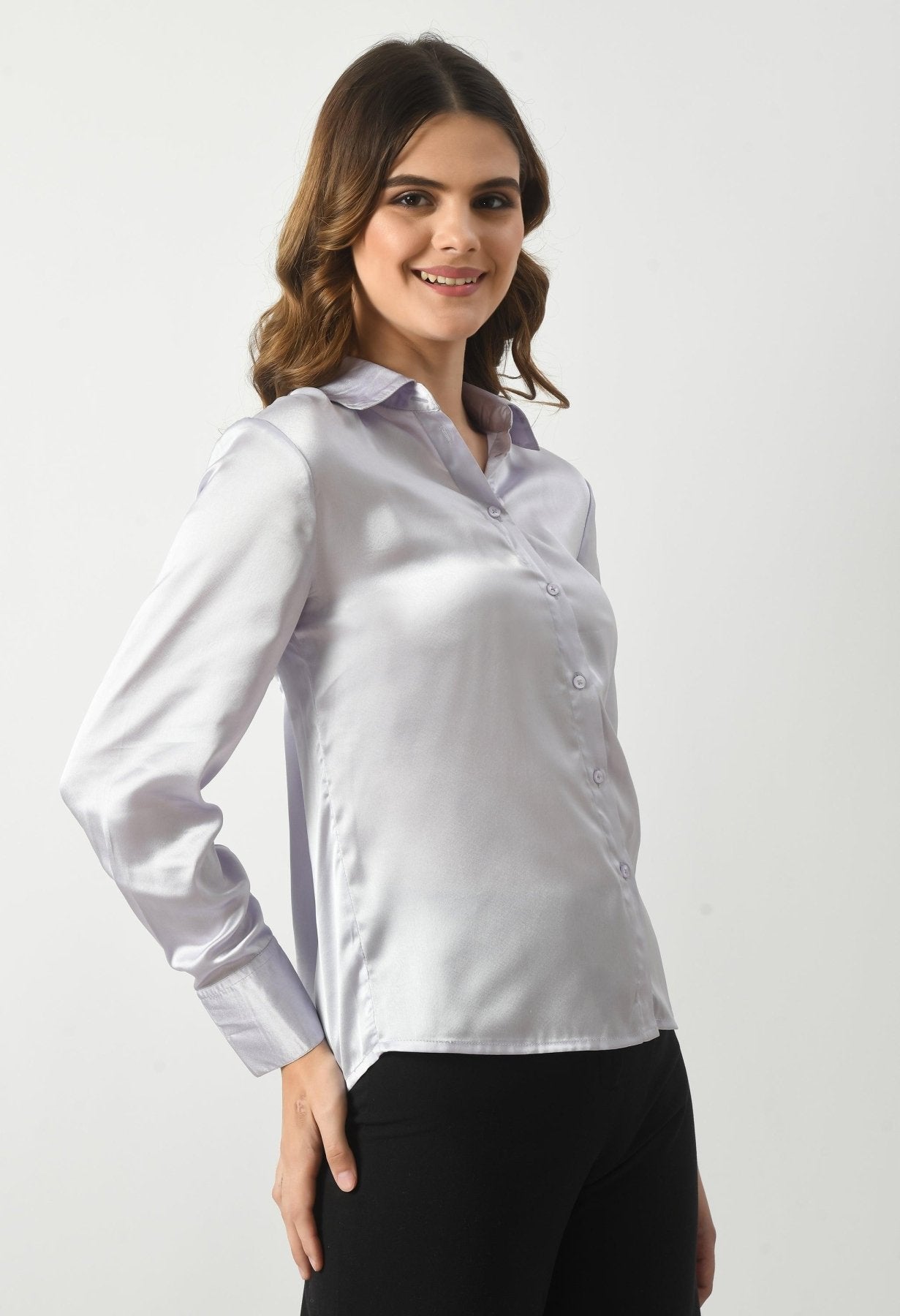 Women Solid Satin Formal Ladies Shirt for Women - Light Blue - SMERA MART