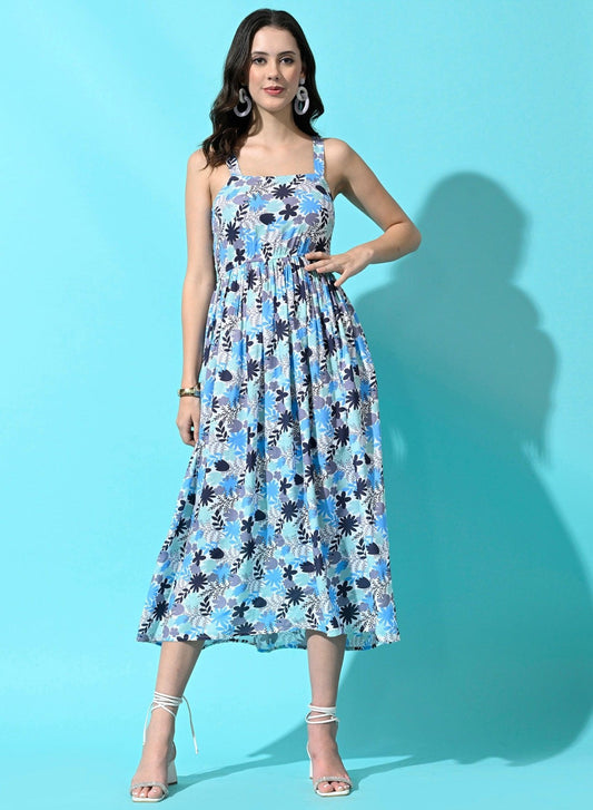 Women Western Summer Rayon Printed A Line Dress - Blue - SMERA MART