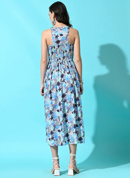 Women Western Summer Rayon Printed A Line Dress - Blue - SMERA MART