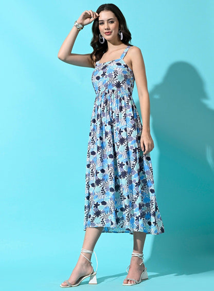 Women Western Summer Rayon Printed A Line Dress - Blue - SMERA MART