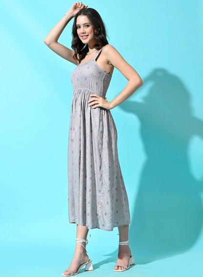 Women Western Summer Rayon Printed A Line Dress - Grey - SMERA MART