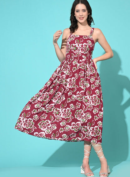 Women Western Summer Rayon Printed A Line Dress - Maroon - SMERA MART