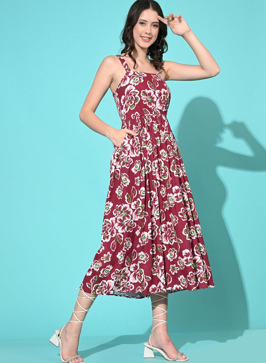 Women Western Summer Rayon Printed A Line Dress - Maroon - SMERA MART