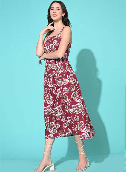 Women Western Summer Rayon Printed A Line Dress - Maroon - SMERA MART