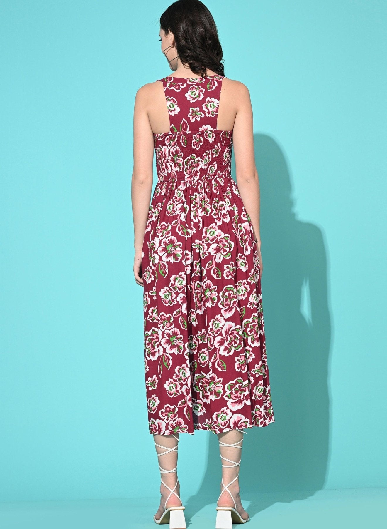 Women Western Summer Rayon Printed A Line Dress - Maroon - SMERA MART