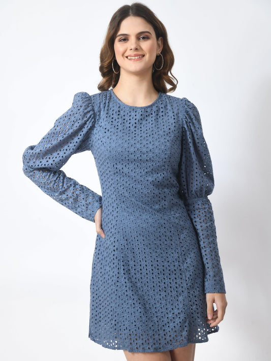 Women's 100% Cotton Schiffli Long Sleeve Sheath Mini Dress - Blue - SMERA MART