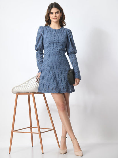 Women's 100% Cotton Schiffli Long Sleeve Sheath Mini Dress - Blue - SMERA MART