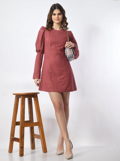 Women's 100% Cotton Schiffli Long Sleeve Sheath Mini Dress - Pink - SMERA MART