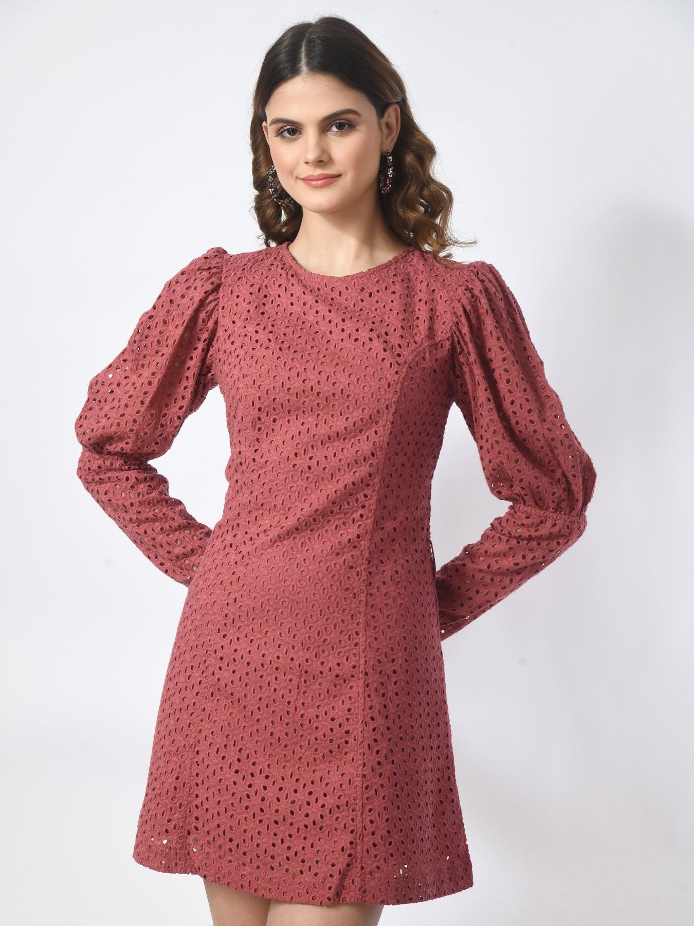 Women's 100% Cotton Schiffli Long Sleeve Sheath Mini Dress - Pink - SMERA MART