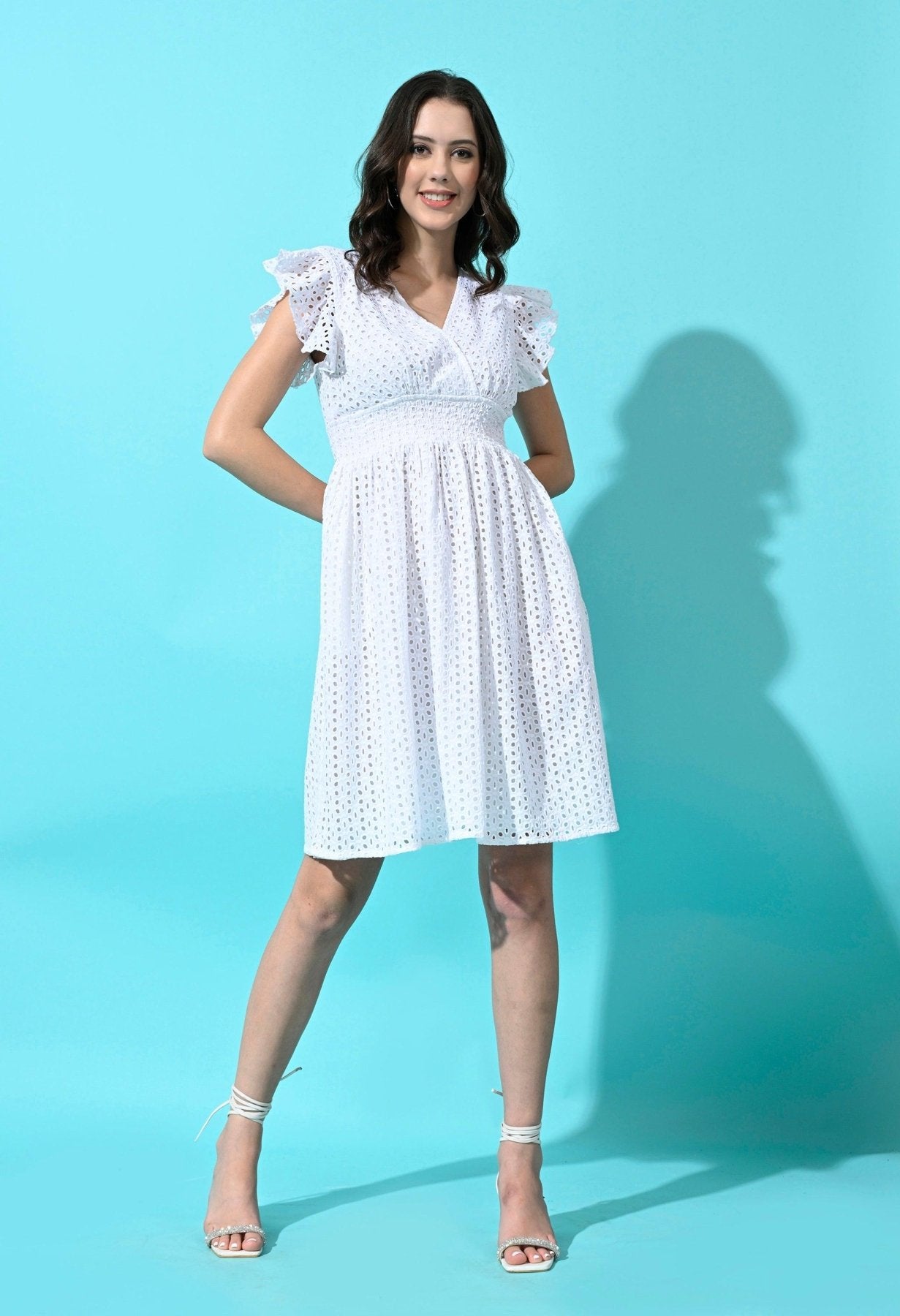 Women's 100% Cotton Schiffli Midi Dress | Smocked Waist, 2 Hidden Pockets - White - SMERA MART