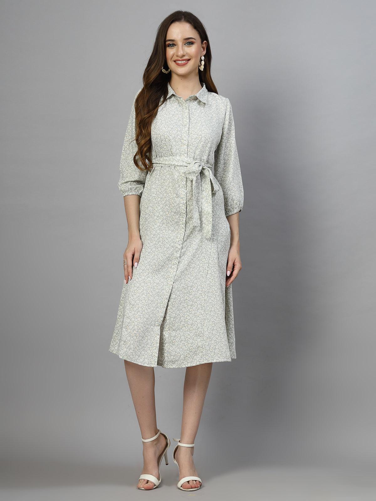 Women's 100% Polyester Collar Neck Half Sleeve Printed Midi Shirt Dress - Mint Green - SMERA MART